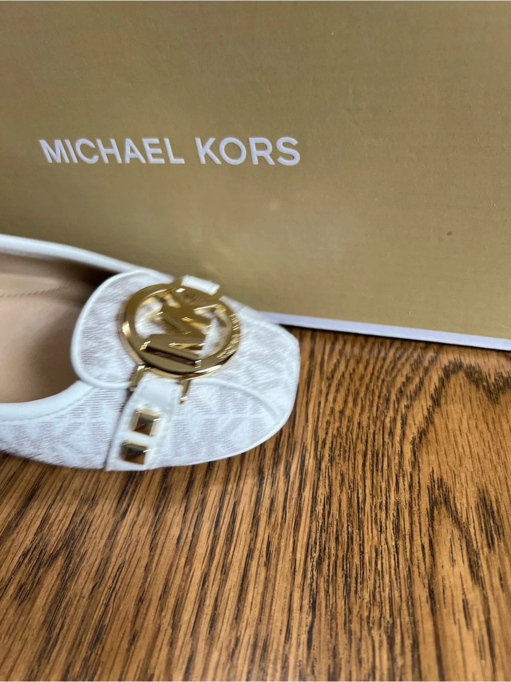 Michael Kors Cream Logo-Print Ballet Loafers with Gold MK Hardware